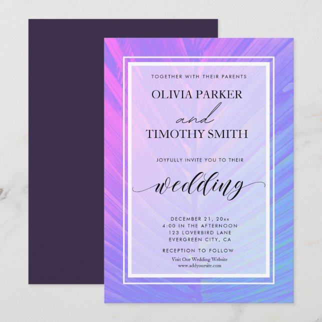 Minimalist Modern Neon Tropical Palm Wedding Invitation (Front/Back)