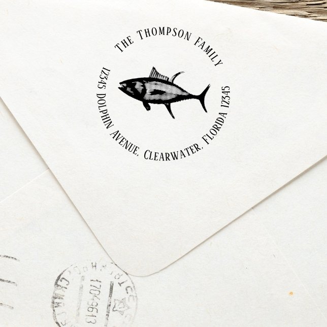 Minimalist Modern Ocean Tuna Fish Simple Self-inking Stamp (Tuna Simple return address stamp. )