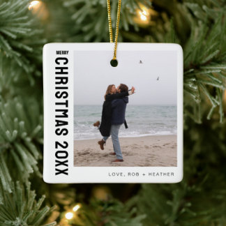 Minimalist Modern One Photo Personalized Christmas Ceramic Ornament