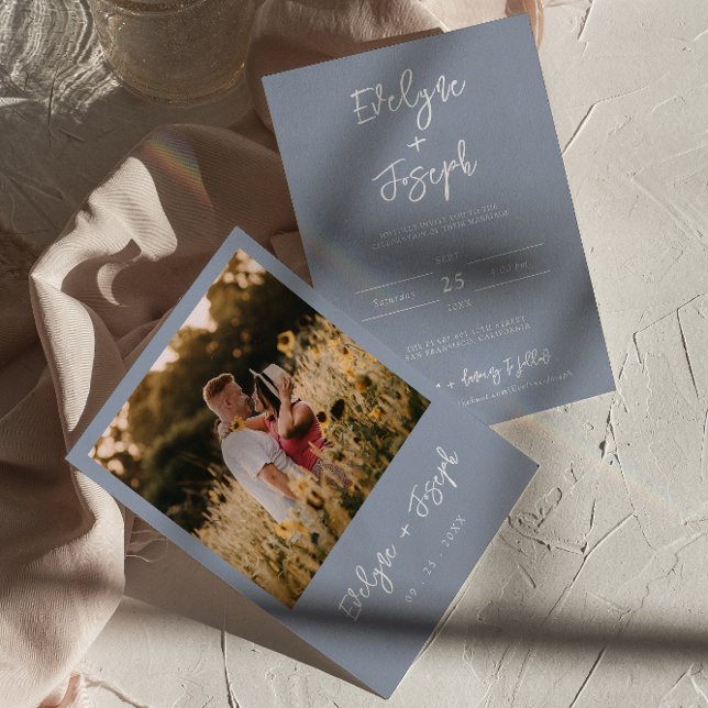 Minimalist Modern Periwinkle Photo Boho Wedding Invitation (Creator Uploaded)
