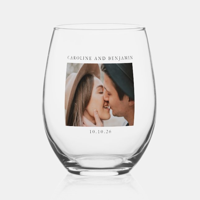 Minimalist Modern Photo Custom Wedding Name Date Stemless Wine Glass (Front)