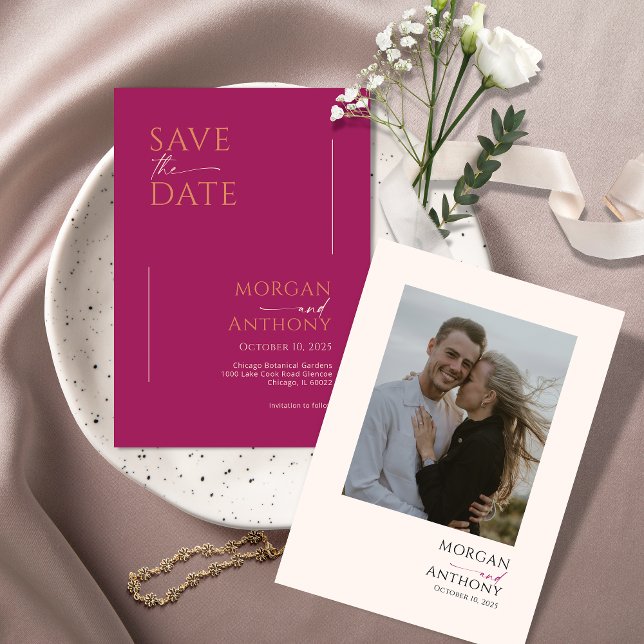 Minimalist Modern Photo Magenta Cream Save The Date (Creator Uploaded)