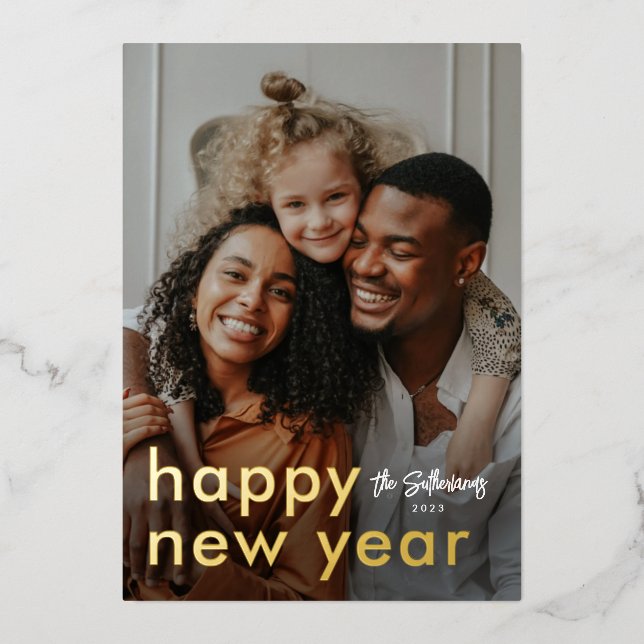 Minimalist Modern Photo New Years Foil Holiday Card (Front)