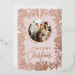 Minimalist Modern Photo Pink Christmas  Foil Holiday Card
