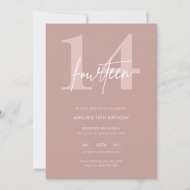 Minimalist Modern Pink 14th Birthday Party Invitation (Front)