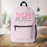 Minimalist Modern Pink Initial Monogram Printed Backpack<br><div class="desc">Create your own personalized backpack with modern minimalist initials and script calligraphy monogram name.</div>
