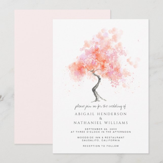 Minimalist Modern Pink Tree Watercolor Wedding Invitation (Front/Back)