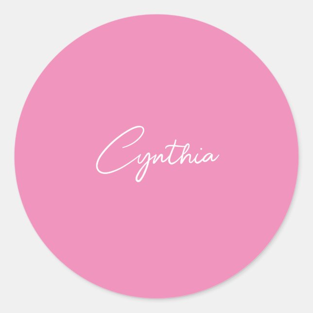  Minimalist Modern Plain Calligraphy Add Name Pink Classic Round Sticker (Front)