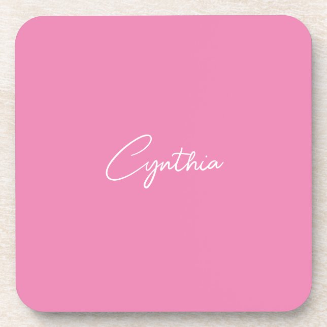  Minimalist Modern Plain Calligraphy Add Name Pink Coaster (Front)