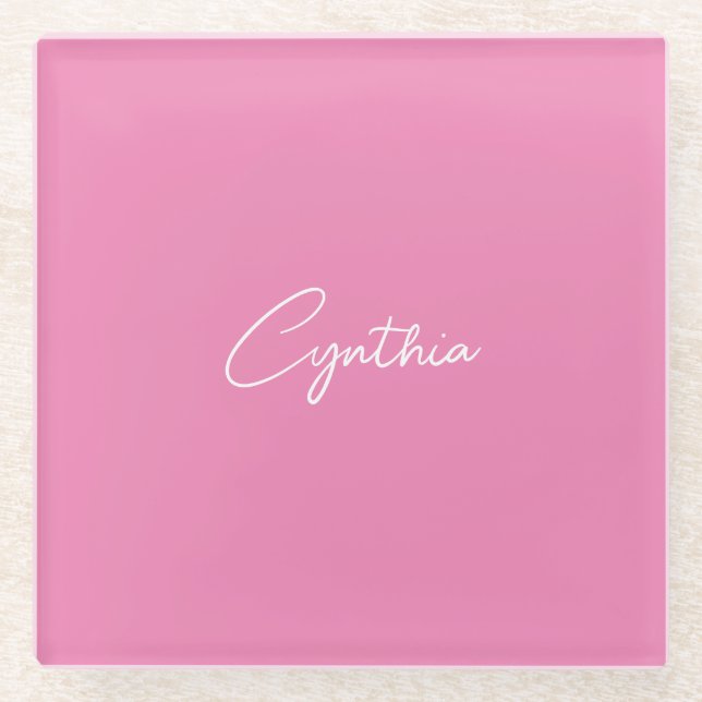  Minimalist Modern Plain Calligraphy Add Name Pink Glass Coaster (Front)