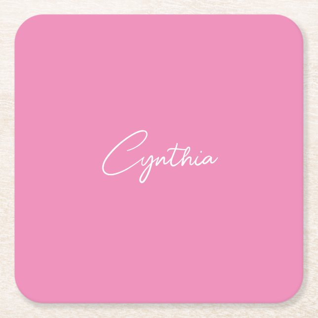  Minimalist Modern Plain Calligraphy Add Name Pink Square Paper Coaster (Front)