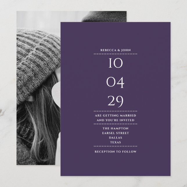 Minimalist Modern Purple Photo Wedding Date Invitation (Front/Back)