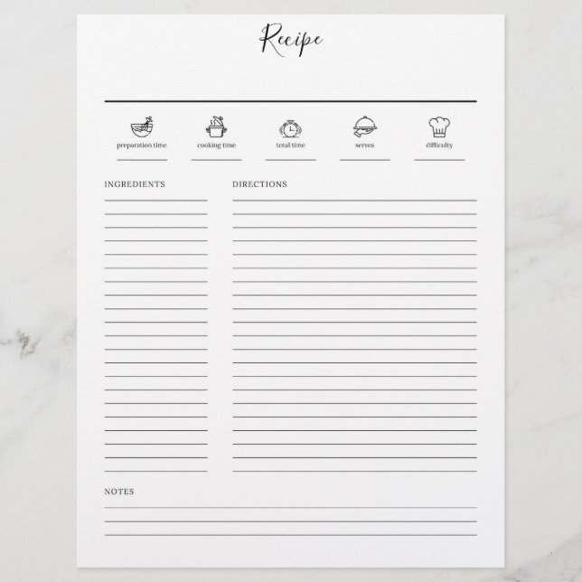 Minimalist Modern Recipe Cookbook Sheet Page (Front)