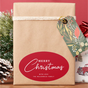 Minimalist Modern Red White Script Christmas Oval Sticker