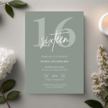 Minimalist Modern Sage 16th Birthday Party Invitation<br><div class="desc">This minimalist typography 16th birthday party invitation is perfect for a modern birthday party. The simple design features white writing on sage background. Customisable in any colour. Keep the design minimal and elegant, as is, or personalise it by adding your own graphics and artwork. For more advanced customisation of this...</div>