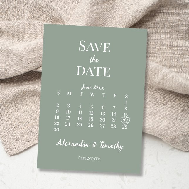 Minimalist Modern Sage Green Calendar Wedding Save The Date (save the date calendar minimalist sage green )
