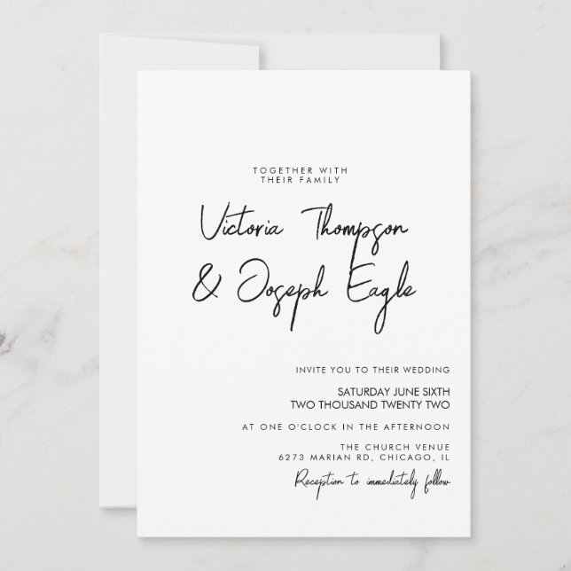 Minimalist Modern Script Black Ink White Wedding   Invitation (Front)