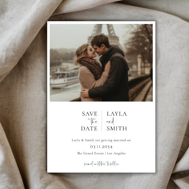 Minimalist Modern Script Black White Wedding Photo Save The Date (Creator Uploaded)