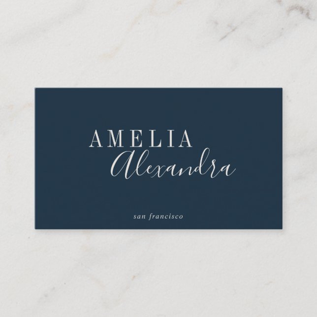 Minimalist Modern Script Boho Chic Navy Blue Business Card (Front)