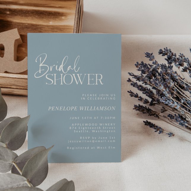 Minimalist Modern Script Dusty Blue Bridal Shower Invitation (Creator Uploaded)