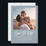 Minimalist Modern Script Dusty Blue Chic Photo Save The Date<br><div class="desc">Minimalist Modern Save the Date announcement with trendy white brush script hand lettered typography on dusty blue with your personal photo alongside your names and date of the wedding.</div>
