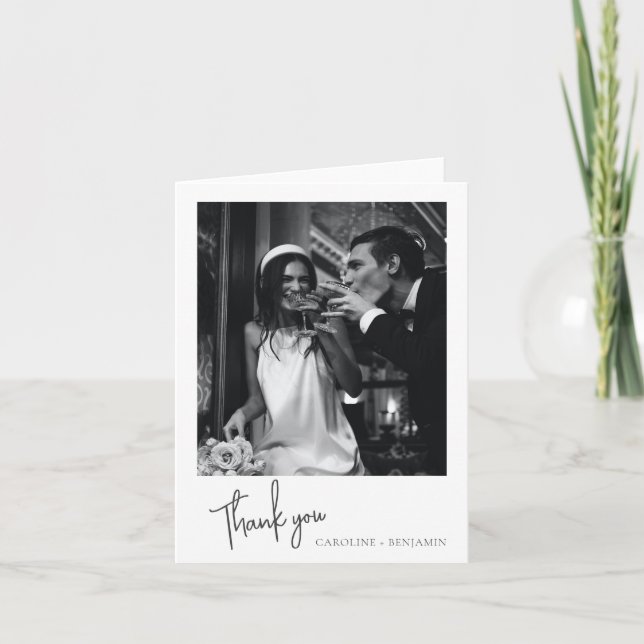 Minimalist Modern Script Font Wedding Photo Folded Thank You Card (Front)