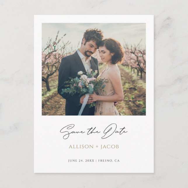 Minimalist Modern Script Gold  Photo Save The Date Invitation Postcard (Front)