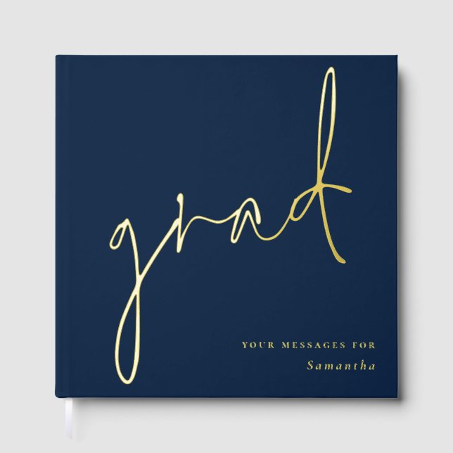 Minimalist Modern Script Grad Graduation Navy Blue Guest Book (Front)