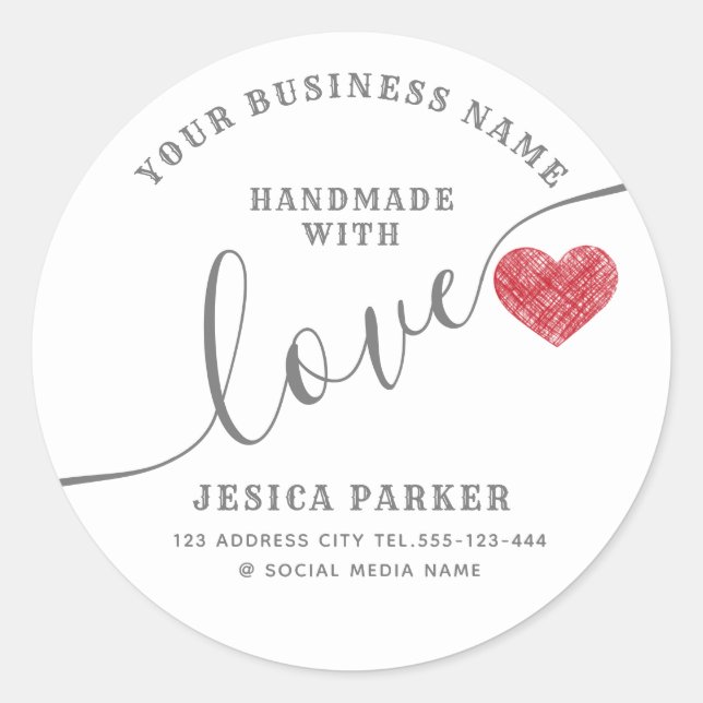 Minimalist modern script handmade red heart classic round sticker (Front)