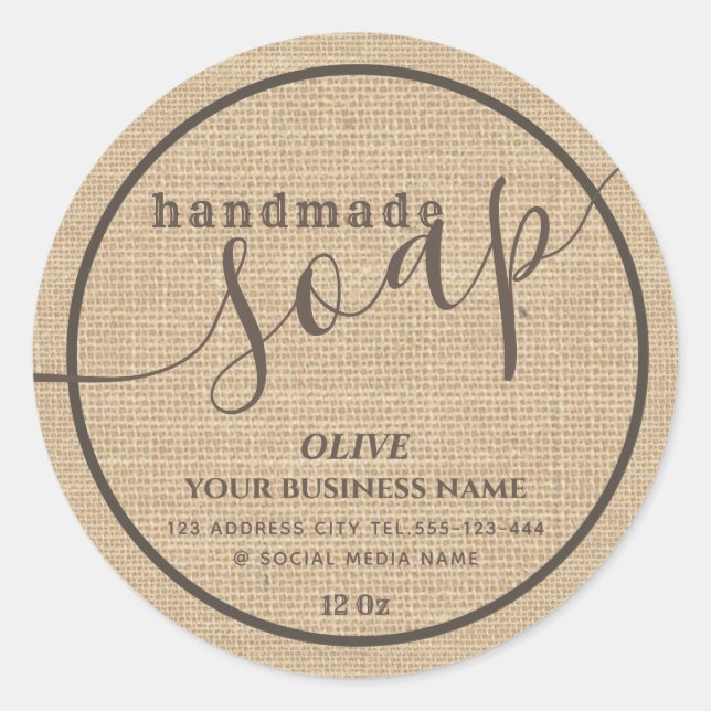 Minimalist modern script handmade soap burlap clas classic round sticker (Front)