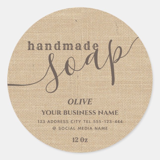Minimalist modern script handmade soap burlap classic round sticker (Front)
