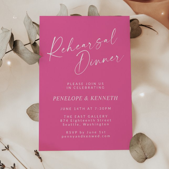Minimalist Modern Script Hot Pink Rehearsal Dinner Invitation (Creator Uploaded)
