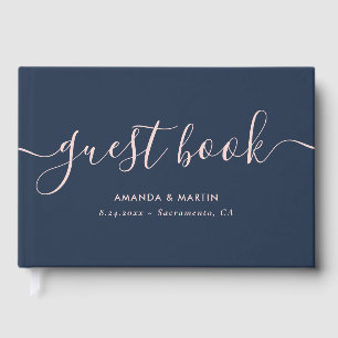 Minimalist Modern Script Navy and Blush Wedding Guest Book