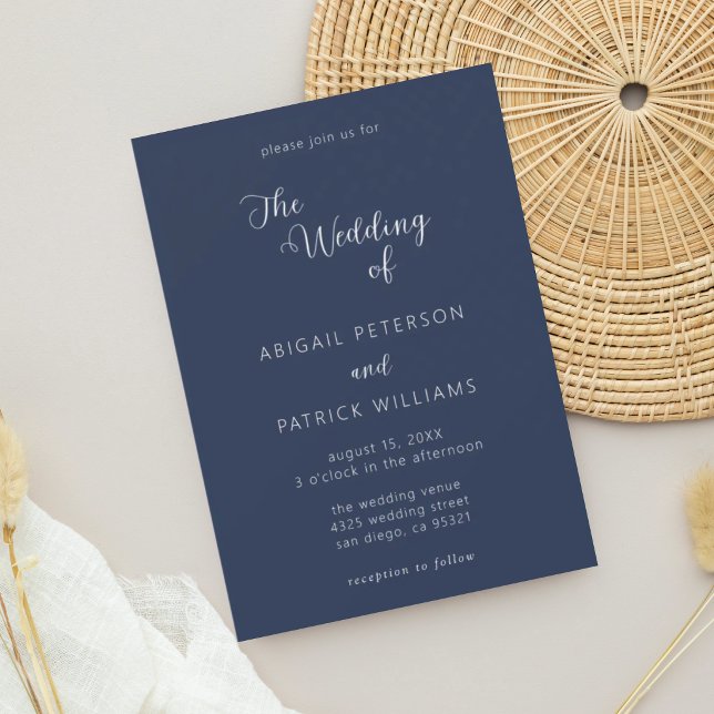 Minimalist Modern Script Navy Blue & White Wedding Invitation (Creator Uploaded)