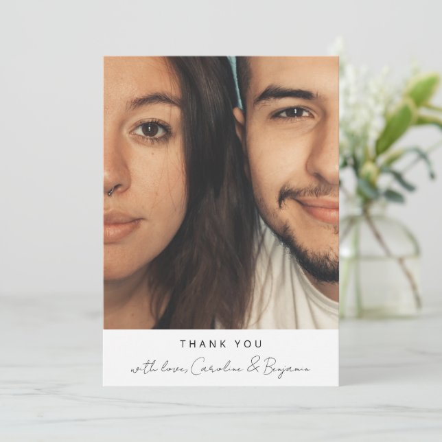 Minimalist Modern Script Personalized Photo Names Thank You Card (Standing Front)