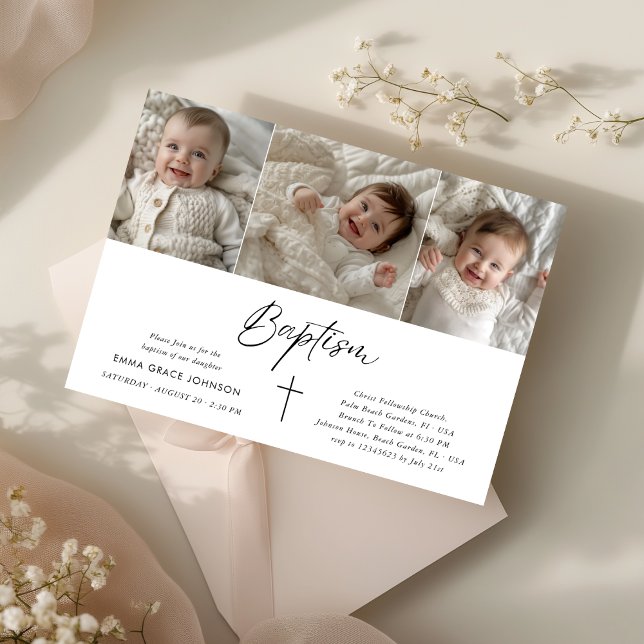 Minimalist Modern Script Photo Collage Baptism Invitation (Creator Uploaded)