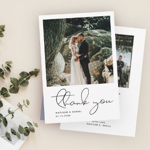 Minimalist Modern Script Photo Simple Wedding Thank You Card
