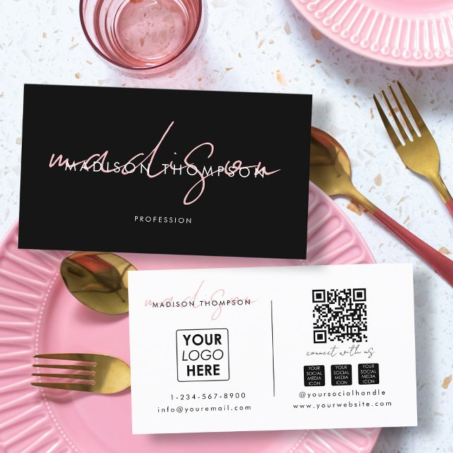 Minimalist Modern Script QR Code Social Media Logo Business Card (Minimalist Modern Script QR Code Social Media Logo Business Card)