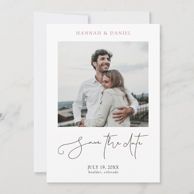 Minimalist Modern Script Rose Gold Photo Wedding Save The Date (Front)
