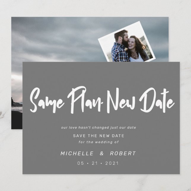 minimalist modern script two photo change the date invitation (Front/Back)
