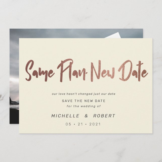minimalist modern script two photo change the date invitation (Front/Back)
