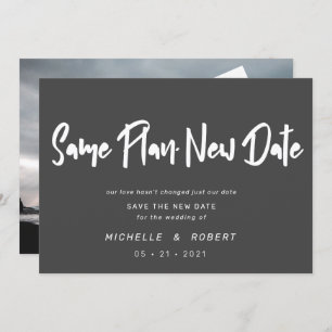 minimalist modern script two photo change the date invitation