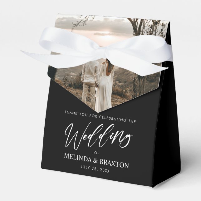 Minimalist Modern Script Wedding Black Photo  Favor Box (Front Side)
