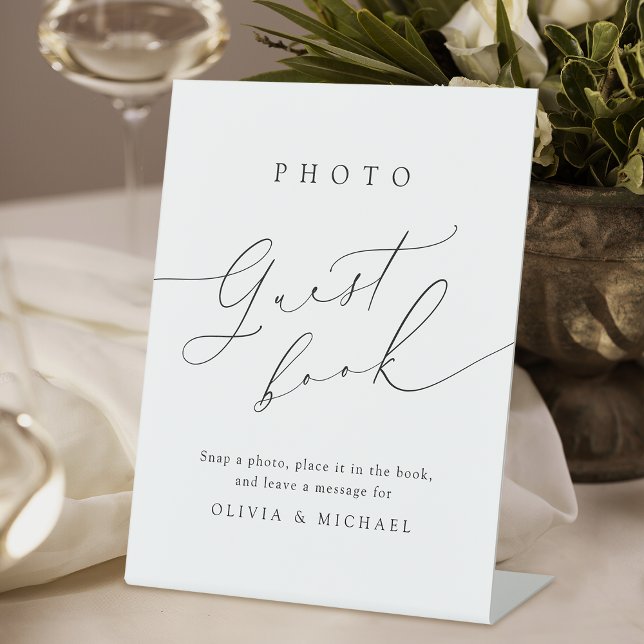 Minimalist Modern Script Wedding Photo Guest Book Pedestal Sign (Minimalist Modern Script Wedding Photo Guest Book Pedestal Sign)