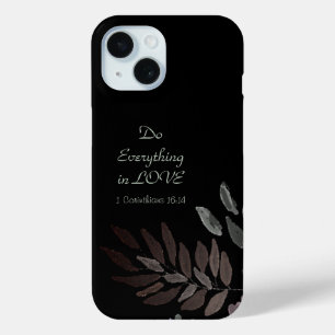 Minimalist Modern Scripture Black Green Leaves iPhone 15 Case