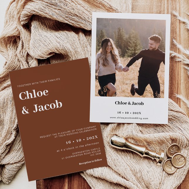 Minimalist Modern Serif Font Terracotta Wedding Invitation (Minimalist terracotta wedding invitation featuring a modern serif font and couples photo on the back)
