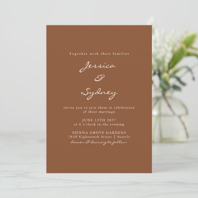 Minimalist Modern Sienna Brown Script Wedding Invitation (Standing Front)