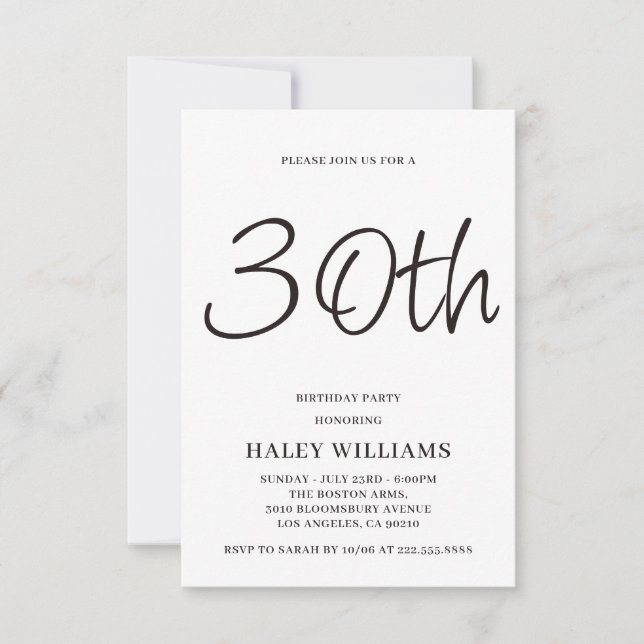 Minimalist Modern Simple Calligraphy 30th Birthday Invitation (Front)