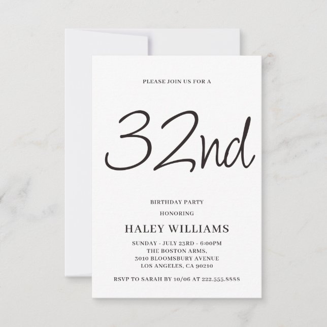 Minimalist Modern Simple Calligraphy 32nd Birthday Invitation (Front)