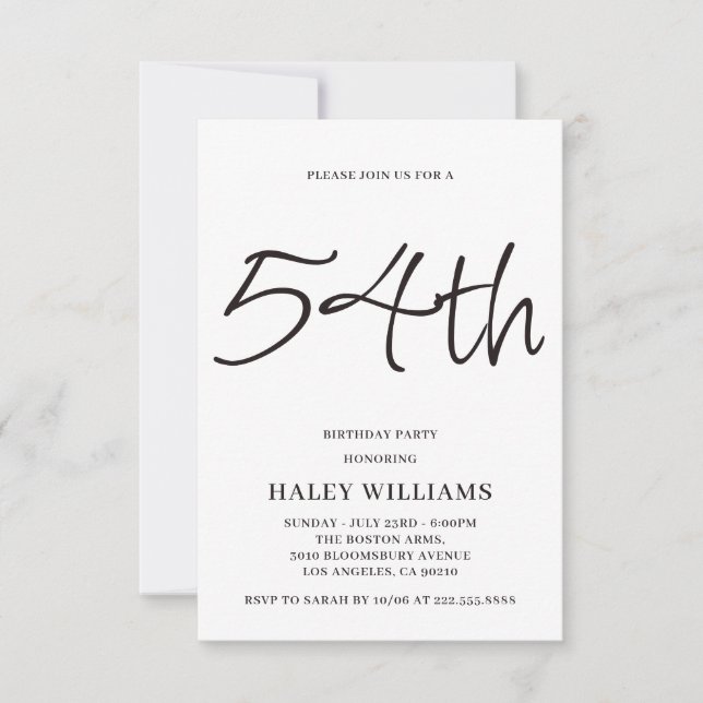 Minimalist Modern Simple Calligraphy 54th Birthday Invitation (Front)